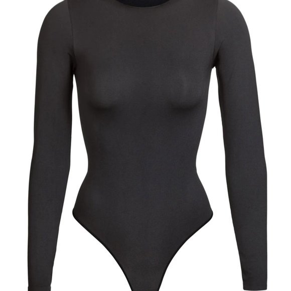 SKIMS Essential Smoothing Long-Sleeve Thong Bodysuit - Black S/M - Picture 2 of 6